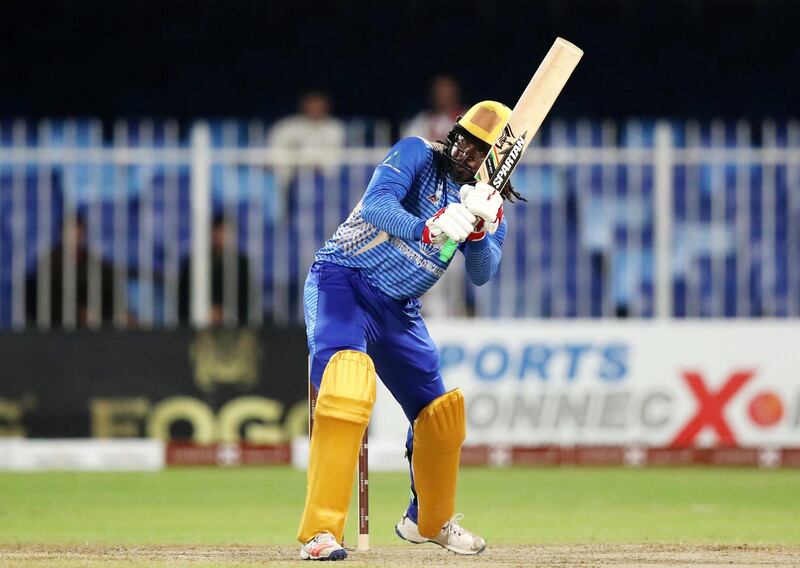 Sharjah, United Arab Emirates - October 18, 2018: Chris Gayle of the Balkh Legends hits another 6 during the game between Kandahar Knights and Balkh Legends in the Afghanistan Premier League. Thursday, October 18th, 2018 at Sharjah Cricket Stadium, Sharjah. Chris Whiteoak / The National