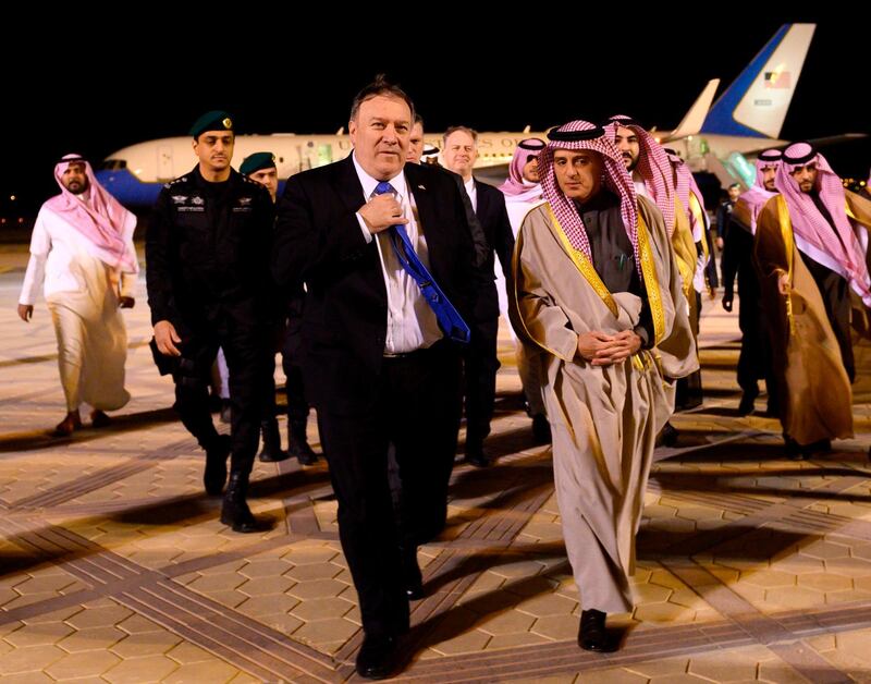 Pompeo is greeted by Al-Jubeir. AFP