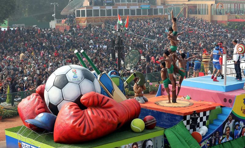 A float presented by the Indian ministry of sports takes part in the Republic Day parade in New Delhi. Harish Tyagi