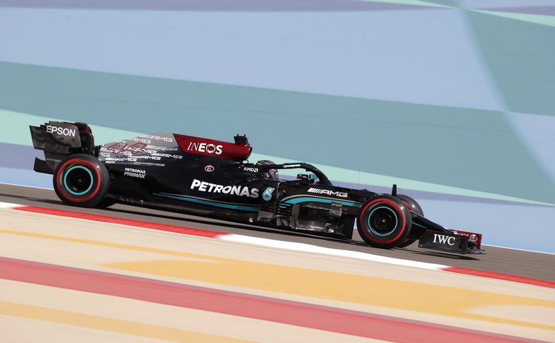 Lewis Hamilton of Mercedes during the first practice session of the 2021 Bahrain GP in Sakhir. EPA