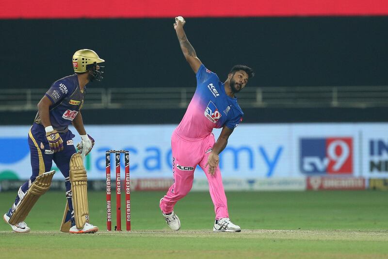 Varun Aaron of Rajasthan Royals during match 54 of season 13 of the Dream 11 Indian Premier League (IPL) between the Kolkata Knight Riders and the Rajasthan Royals held at the Dubai International Cricket Stadium, Dubai in the United Arab Emirates on the 1st November 2020.  Photo by: Ron Gaunt  / Sportzpics for BCCI