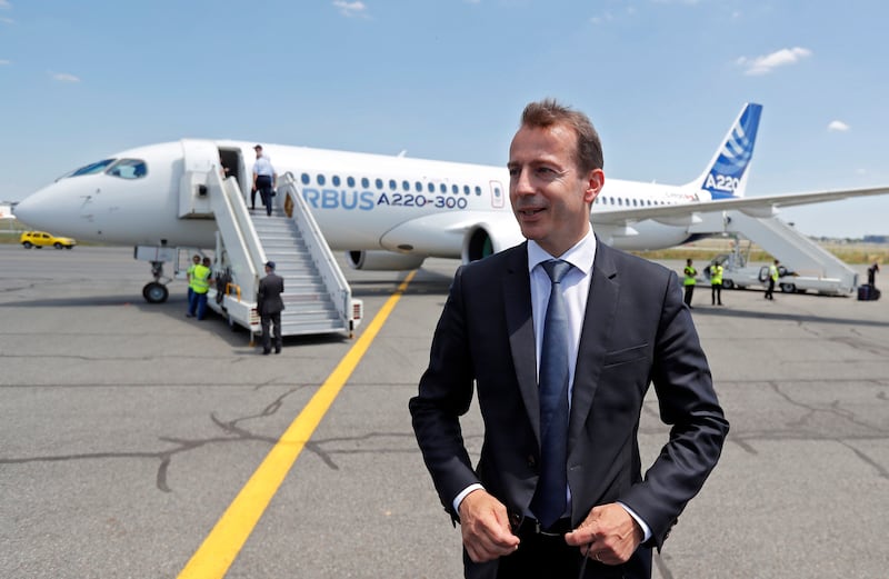 epa07078722 (FILE) - Guillaume Faury, President of Airbus' Commercial Aircraft branch, poses in front of a new Airbus A220-300 Single-Aisle aircraft during its presentation at the Airbus delivery center in Colomiers, near Toulouse, France, 10 July 2018 (re-issued 08 October 2018). Media reports on 08 October state that the run for the CEO post at Airbus might already be decided - Guillaume Faury is expected to succeed German CEO Tom Enders and could be already named later the same day, sources from the company were quoted as saying.  EPA/GUILLAUME HORCAJUELO *** Local Caption *** 54479538