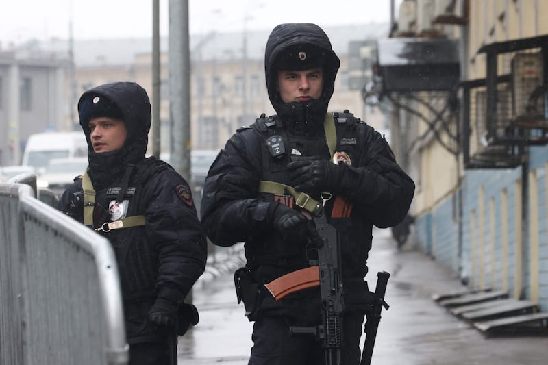 Armed police in Moscow on Sunday as the ISIS-claimed concert hall attack continues to reverberate. AFP