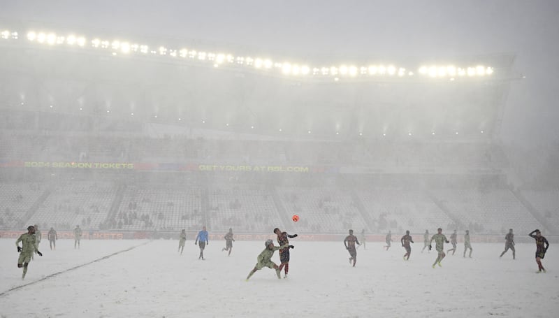 Real Salt Lake on their way to a 3-0 win over LAFC in the snow at America First Field in Sandy, Utah. Reuters