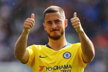 Eden Hazard gestures towards Chelsea supporters after Sunday's final Premier League game of the season against Leicester City at Stamford Bridge. Reuters