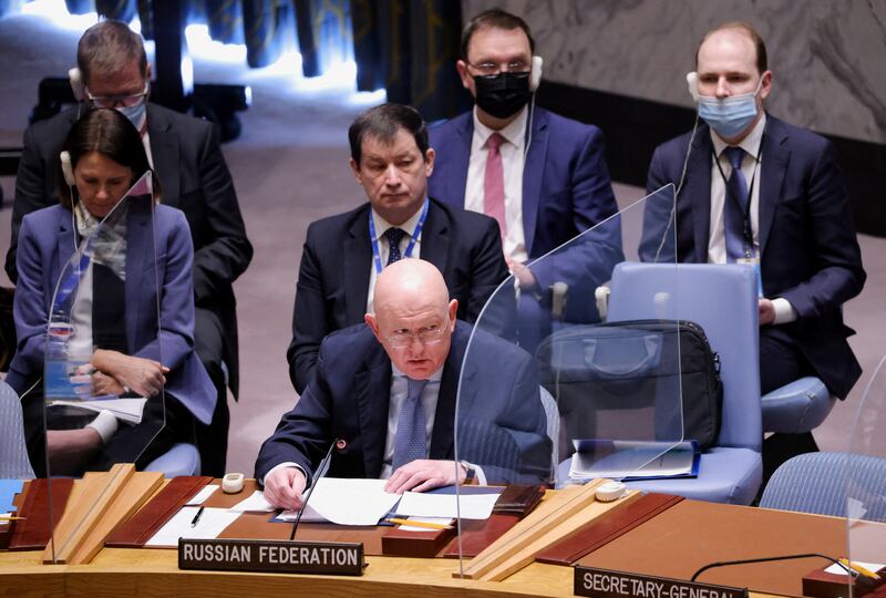 Russia's Vasily Nebenzya addresses the UN Security Council in New York. Reuters