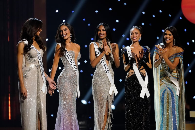 The final five contestants, from left, Miss Dominican Republic Martinez, Miss Curacao Gabriela Dos Santos, Miss Puerto Rico Ashley Carino, Miss USA Gabriel and Miss Venezuela Dudamel. AP