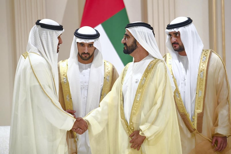 DUBAI, UNITED ARAB EMIRATES - June 06, 2019: HH Sheikh Mohamed bin Zayed Al Nahyan, Crown Prince of Abu Dhabi and Deputy Supreme Commander of the UAE Armed Forces (L) greets HH Sheikh Mohamed bin Rashid Al Maktoum, Vice-President, Prime Minister of the UAE, Ruler of Dubai and Minister of Defence (3rd L) during the wedding reception of HH Sheikh Hamdan bin Mohamed Al Maktoum, Crown Prince of Dubai (2nd L), HH Sheikh Maktoum bin Mohamed bin Rashid Al Maktoum, Deputy Ruler of Dubai (R) and HH Sheikh Ahmed bin Mohamed bin Rashed Al Maktoum (not shown), at Dubai World Trade Centre.

( Saif Mohammed / Government of Dubai Media Office )
---