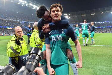 Tottenham Hotspur's English defender Danny Rose (L) and Tottenham Hotspur's Spanish striker Fernando Llorente celebrate at the final whistle during the UEFA Champions League quarter final second leg football match between Manchester City and Tottenham Hotspur at the Etihad Stadium in Manchester, north west England on April 17, 2019. The match ended 4-4, but Tottenham progress to the semi finals on goal difference. / AFP / Anthony Devlin
