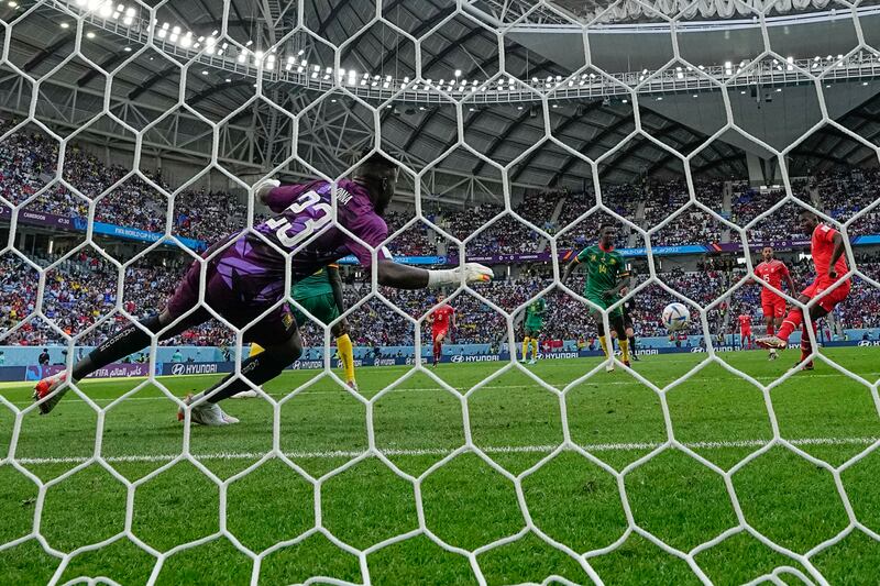 Switzerland's Breel Embolo scores his side's opening goal against Cameroon, which proved to be the decisive winner. AP Photo