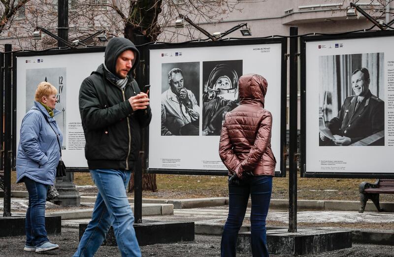 Display boards of the outdoor exhibition 'Moscow meets the first!' in Moscow celebrate the 60th anniversary of the first human flight into space. On 12 April 1961, Soviet cosmonaut Yuri Gagarin performed a space flight aboard the Vostok-1 spacecraft, orbiting Earth in 108 minutes and landing safely.  EPA