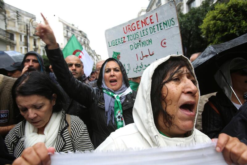 Demonstrators march during a protest against the country's ruling elite and rejecting the December presidential election in Algiers, Algeria. Reuters