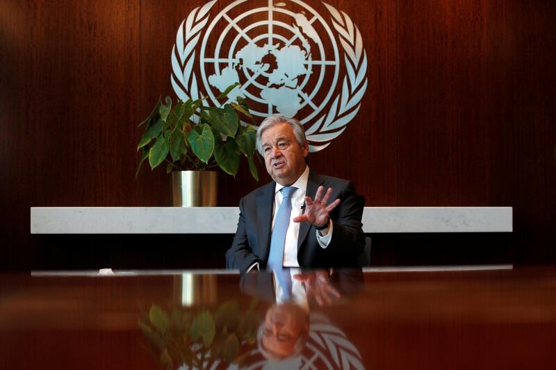 United Nations Secretary-General Antonio Guterres speaks during an interview with Reuters at U.N. headquarters in New York City, New York, U.S., September 14, 2020. Picture taken September 14, 2020. REUTERS/Mike Segar