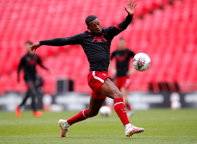 Liverpool's Georginio Wijnaldum warming up before kick-off during the Community Shield at Wembley Stadium, London. PA Photo. Picture date: Saturday August 29, 2020. See PA story SOCCER Shield. Photo credit should read: Andrew Couldridge/NMC Pool/PA Wire. RESTRICTIONS: EDITORIAL USE ONLY No use with unauthorised audio, video, data, fixture lists, club/league logos or "live" services. Online in-match use limited to 120 images, no video emulation. No use in betting, games or single club/league/player publications.