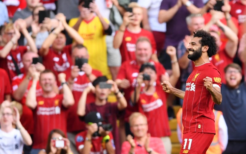 LIVERPOOL, ENGLAND - AUGUST 24: Mohamed Salah of Liverpool celebrates after scoring his team's third goal during the Premier League match between Liverpool FC and Arsenal FC at Anfield on August 24, 2019 in Liverpool, United Kingdom. (Photo by Laurence Griffiths/Getty Images)