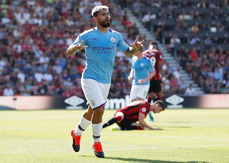 Manchester City's Sergio Aguero celebrates scoring their third goal in a 3-1 win at Bournemouth in the Premier League. Reuters