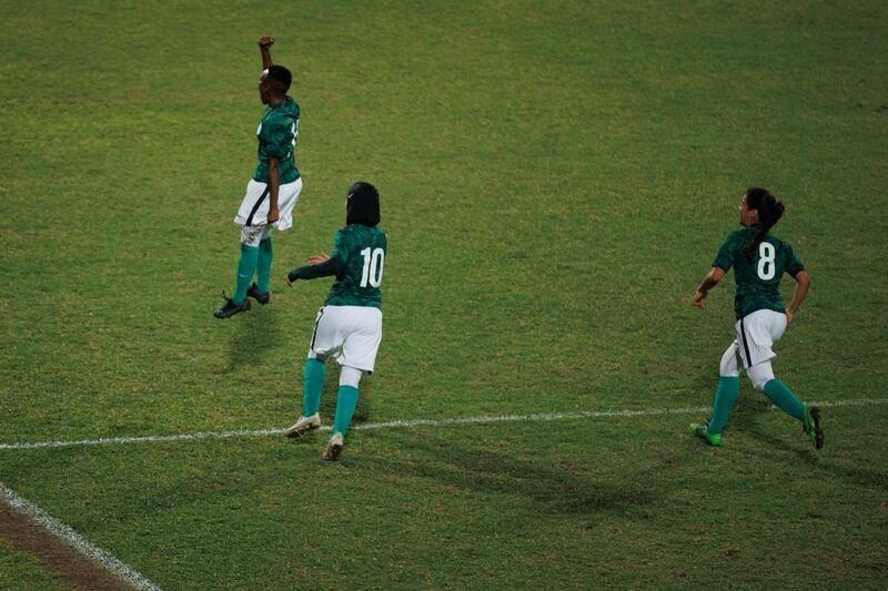 Saudi women’s football team players celebrate. Photo: SAFF