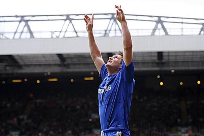 Frank Lampard celebrates a goal against Liverpool.