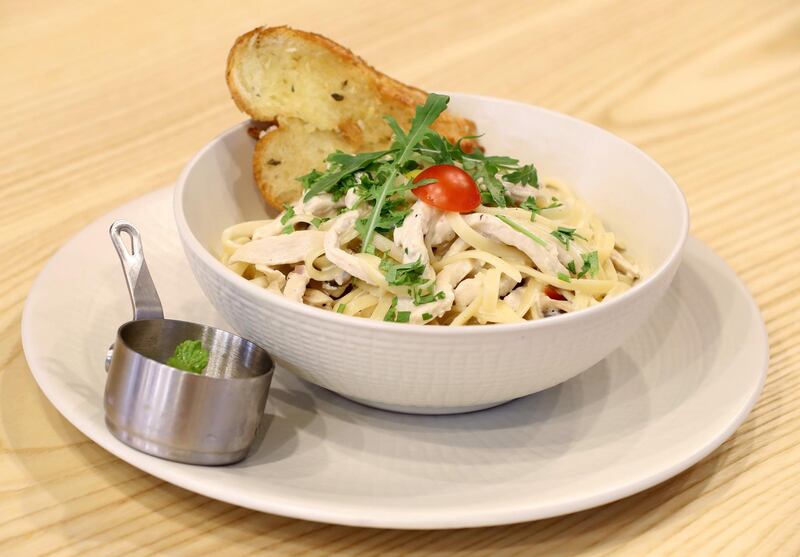 Abu Dhabi, United Arab Emirates - September 15, 2019: Cajun fiesta pasta. A look at the newly opened Sweet Greens café. They have a special focus on being healthy and environmentally friendly. Sunday the 15th of September 2019. Rihan Heights, Abu Dhabi. Chris Whiteoak / The National