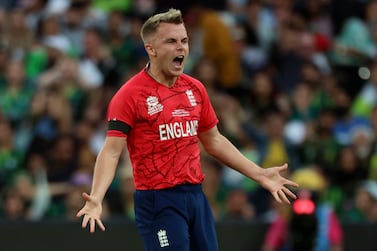 England's Sam Curran celebrates the dismissal of Pakistan's Mohammad Rizwan during the final of the T20 World Cup Cricket tournament at the Melbourne Cricket Ground in Melbourne, Australia, Sunday, Nov.  13, 2022.  (AP Photo / Asanka Brendon Ratnayake)
