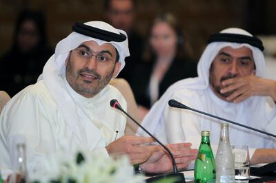 DUBAI, UNITED ARAB EMIRATES - OCTOBER 12:  HH Sheikh Khalid bin Zayed Al Nahyan (L), speaking at a workshop held by the Dubai Economic Council, entitled 'Wages and the Cost of Labour in the UAE', at The Address hotel in Dubai on October 12, 2010. Also pictured is HE Saeed Ahmed Ghubash (R).  (Randi Sokoloff for The National)  For News story by Wafa