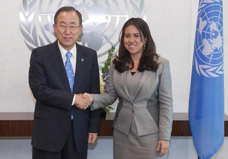 The United Nations secretary general Ban Ki-moon receives Lana Nusseibeh’s credentials at the UN. Wam