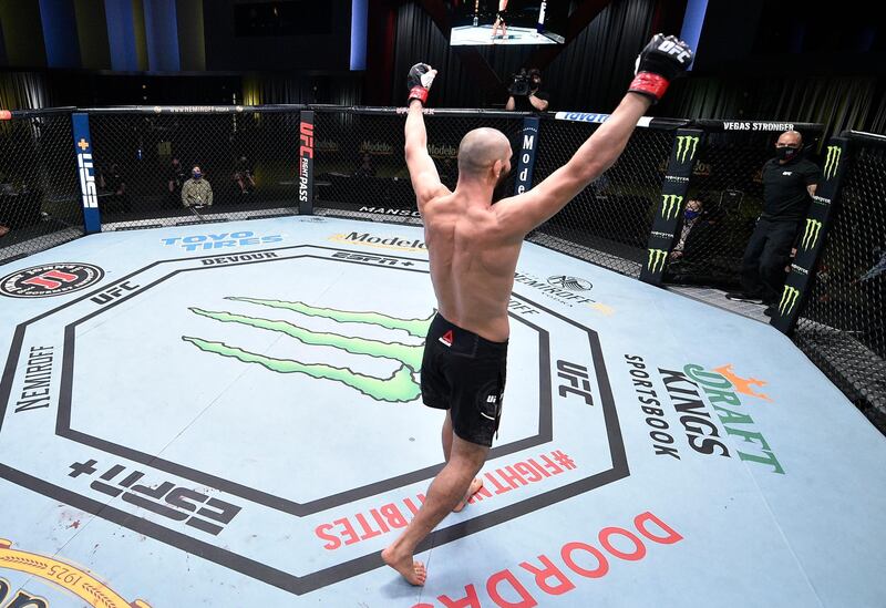 LAS VEGAS, NEVADA - SEPTEMBER 19: Khamzat Chimaev of Chechnya celebrates after his knockout victory over Gerald Meerschaert in their middleweight bout during the UFC Fight Night event at UFC APEX on September 19, 2020 in Las Vegas, Nevada. (Photo by Chris Unger/Zuffa LLC)