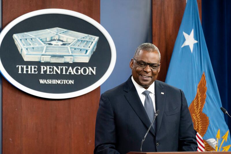 Secretary of Defence Lloyd Austin speaks during a media briefing at the Pentagon. AP