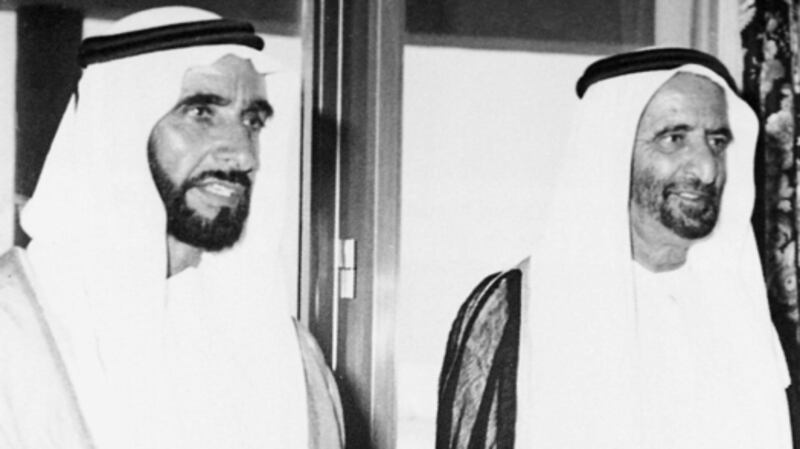 Sheikh Zayed and Sheikh Rashid bin Saeed. Sheikh Rashid received the first direct phone call between Abu Dhabi and Dubai from Sheikh Zayed in 1974. Wam
