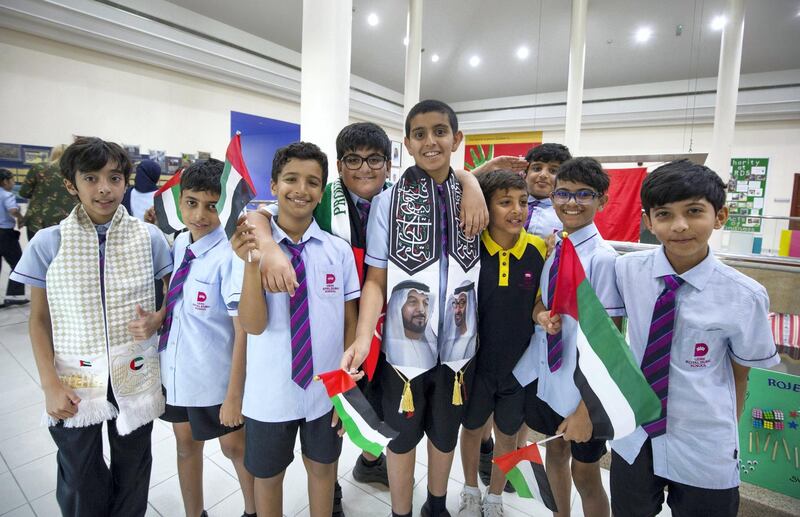 DUBAI, UNITED ARAB EMIRATES - Students from Gems Royal Dubai School celebrating UAE flag day.  Leslie Pableo for The National fro Anam Rizvi���s story