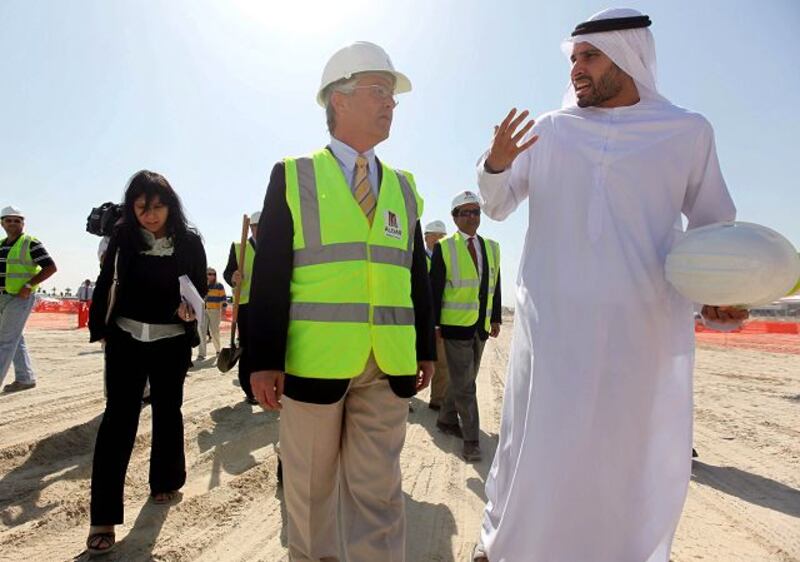 Mohammed al Mubarak, right, the chief commercial officer for Aldar Properties, and Mile Franicevic, the group director of retail for Al-Futtaim, at the IKEA store ground breaking on Yas Island yesterday.