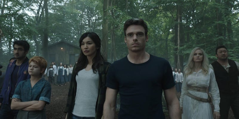 From left, Kingo (Kumail Nanjiani), Sprite (Lia McHugh), Sersi (Gemma Chan), Ikaris (Richard Madden), Thena (Angelina Jolie) and Gilgamesh (Don Lee) in Marvel Studios' 'Eternals'. Photo: Marvel Studios