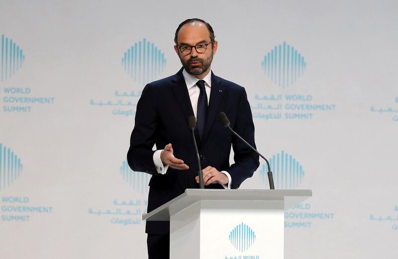 DUBAI , UNITED ARAB EMIRATES , FEB 11  – 2017 :- Edouard Philippe , Prime Minister of France speaking on the first day of World Government Summit 2018 held at Madinat Jumeirah in Dubai. ( Pawan Singh / The National ) For News