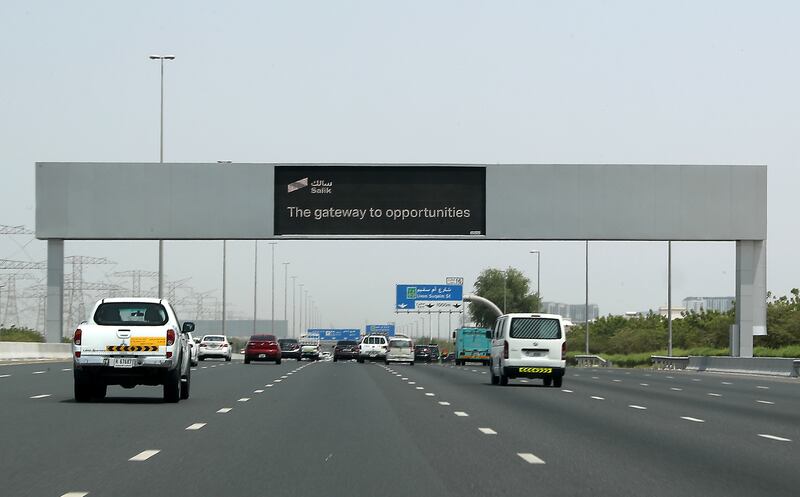 Electronic traffic signs on Al Khail, which is being used to advertise the new Salik IPO scheme in Dubai. Pawan Singh / The National