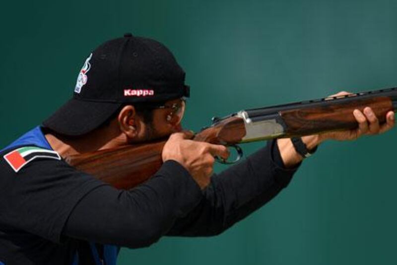 UAE shooter Dhaher Al Alaryani competes during the final men's trap shooting qualifying session at Royal Artillery Barracks.