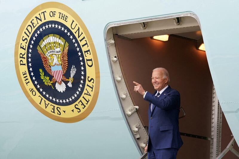 US President Joe Biden disembarks Air Force One after arriving in Los Angeles, California. Reuters