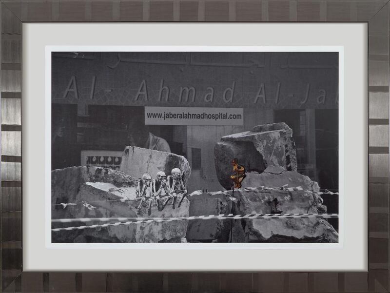Shurooq Amin's Waiting For Dodo, mixed media on paper in a glass-and-stainless steel frame, for the exhibition We'll Build This City on Art and Love at Ayyam Gallery. Courtesy Shurooq Amin and Ayyam Gallery
