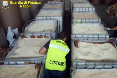 A video released by the Naples branch of Italy’s Guardia di Finanza police force shows the world’s largest haul of Captagon. About 84 million tablets bearing a logo often found on the drug were seized. EPA