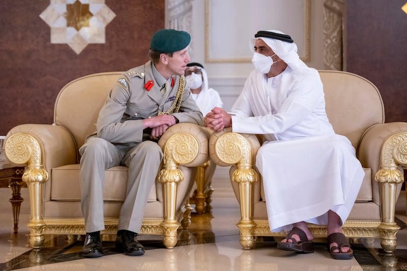 Col Jaimie Norman, Military Assistant to the British Prime Minister, speaks with Lt Gen Sheikh Saif bin Zayed, UAE Deputy Prime Minister and Minister of Interior