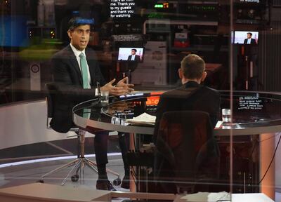 LONDON, ENGLAND - FEBRUARY 28:  (NO SALE/NO ARCHIVE) In this handout image provided by the BBC, Chancellor of the Exchequer, Rishi Sunak, appears on the Andrew Marr Show on February 28, 2021 in London, England. (Photo by Jeff Overs/BBC via Getty Images)