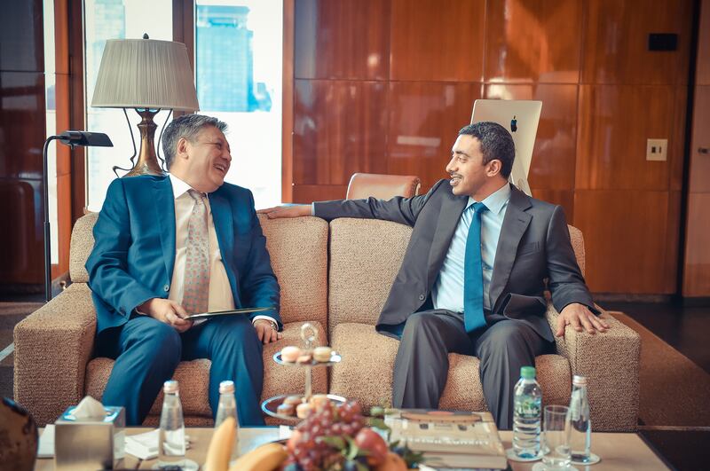 Sheikh Abdullah bin Zayed Al Nahyan, Minister of Foreign Affairs and International Cooperation, with Erlan Abdyldaev, Kyrgyz Minister of Foreign Affairs. WAM