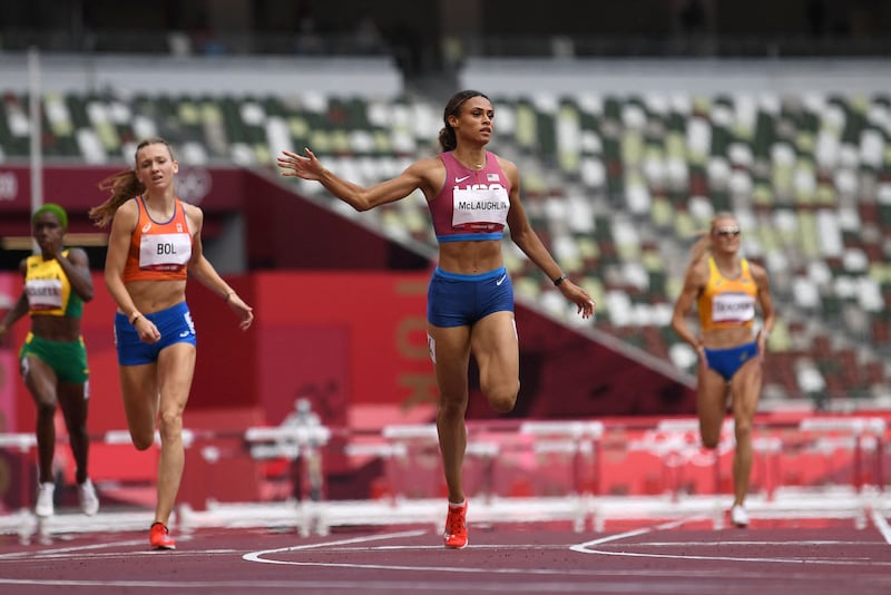 USA's Sydney Mclaughlin wins the women's 400m hurdles final.