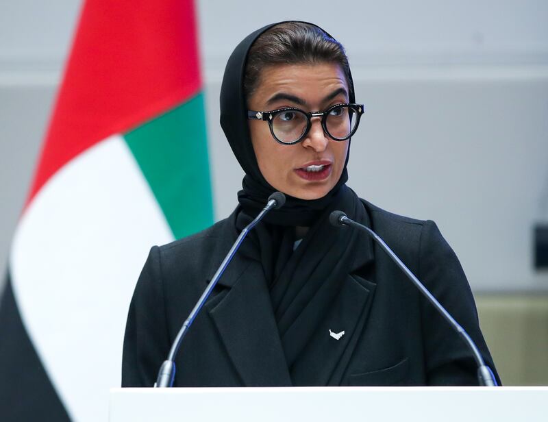 Noura Al Kaabi, the UAE Minister of State, delivers a speech for the International Holocaust Remembrance Day at the Zayed University in Abu Dhabi. Victor Besa / The National