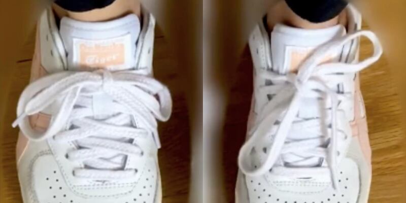 The method shown in the TikTok video results in neater laces that lie horizontally over the foot, seen on the left. TikTok / attn