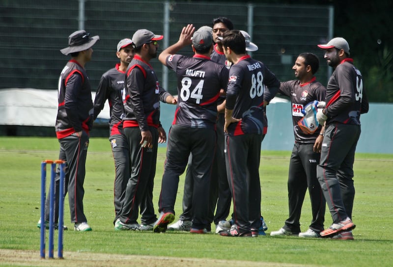 The UAE cricket team celebrates during their three wicket win against the Netherlands. The UAE are on a tour of the Netherlands. 18 July 2017. Photo Courtesy: Sander Tholen / KNCB
