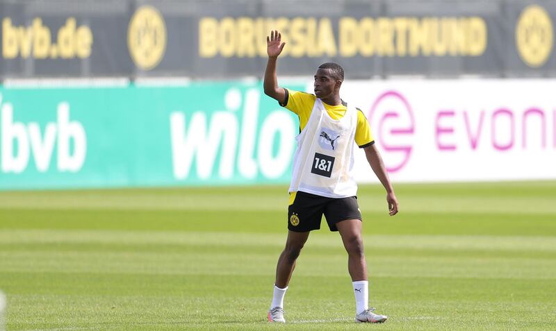 Dortmund's Youssoufa Moukoko attends the team's first pre-season training session in Dortmund. EPA