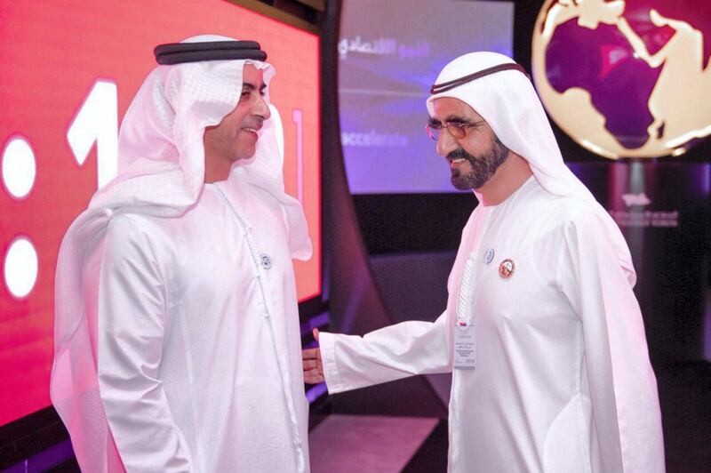 Sheikh Mohammed Bin Rashid speaks with Sheikh Saif bin Zayed, Deputy Prime Minister and Minister of Interior, and Sheikh Hamdan bin Mohammed, Crown Prince of Dubai, while attending the Arab Strategy Forum. Dubai Media Office