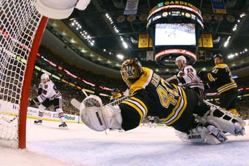 Tuuka Rask could not block a shot from Patrick Kane as the Bruins were beaten. Harry How / AP Photo