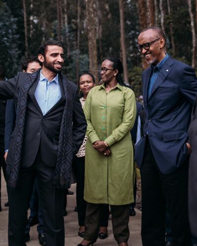 Rwandan President Paul Kagame and the First Lady are welcomed to One&Only Gorilla's Nest by Mohammed Al Shaibani, Chairman of Kerzner International. 