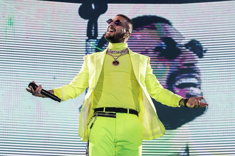 MIAMI, FL - OCTOBER 11:  Maluma performs on stage during his 11:11 World Tour at AmericanAirlines Arena on October 11, 2019 in Miami, Florida.  (Photo by John Parra/Getty Images)